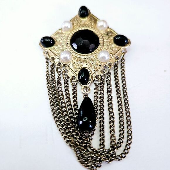 Vintage Victorian Revival Gold Tone Faux Onyx Cabochon Dangle Festoon Brooch Pin - Picture 2 of 9